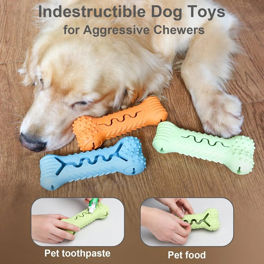 Blue natural rubber bone-shaped dog chew toy with textured surface for teeth cleaning