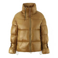 Gold women's puffer coat with stand-up collar and double zipper, straight fit, polyester outer, cotton filling