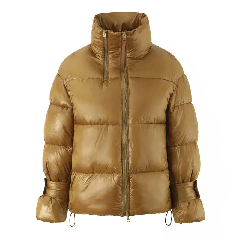 Gold women's puffer coat with stand-up collar and double zipper, straight fit, polyester outer, cotton filling