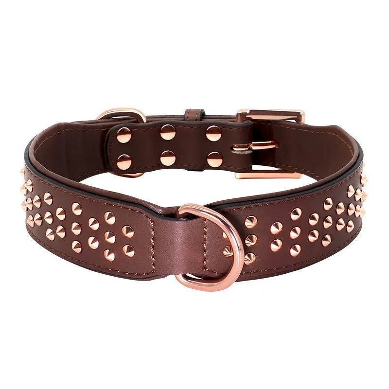Leather dog collar with anti-bite rivets in black, chocolate, or pink colours