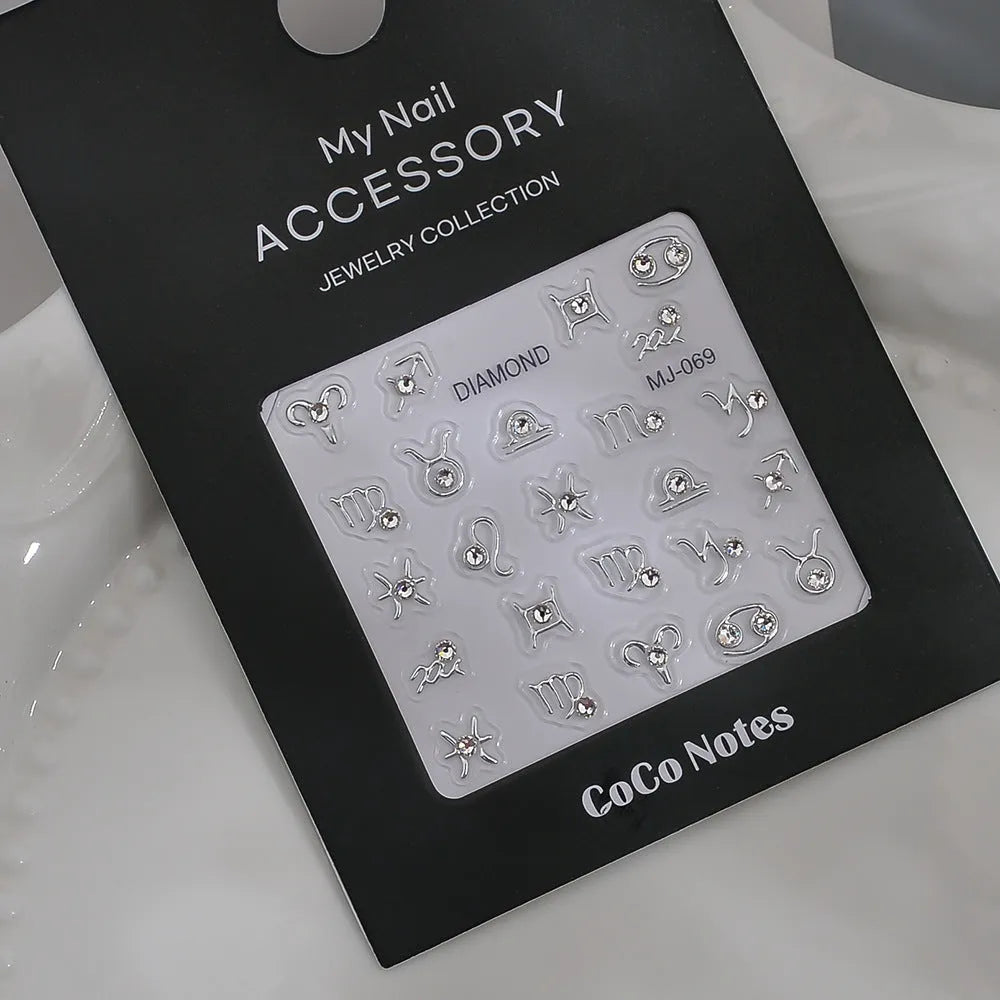 Embossed constellation relief nail sticker in MJ069 Gilding or MJ069 Hot Silver, ultra-thin seamless adhesive design.