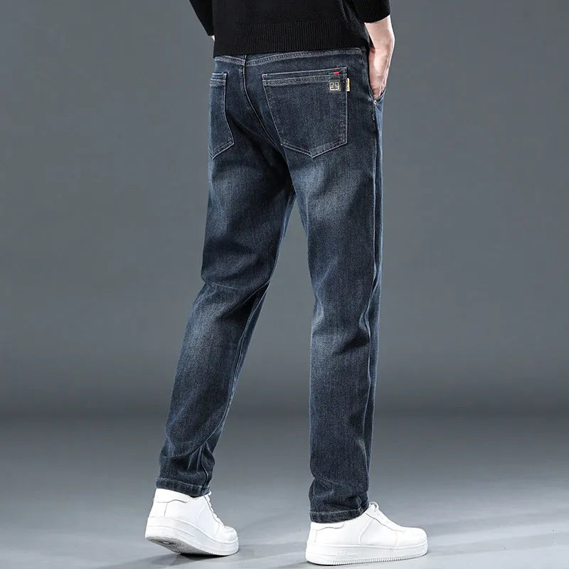 Slim straight casual trousers in polyester fabric with mid waist and zipper fly