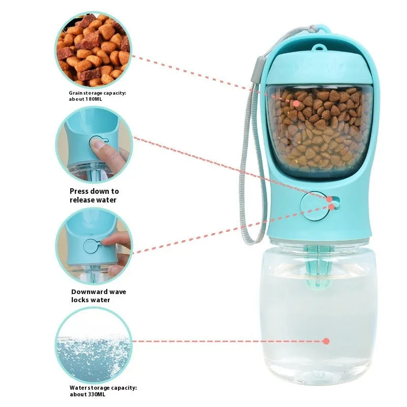Portable dual-use dog water cup in plastic with split grain design, shown in blue colour