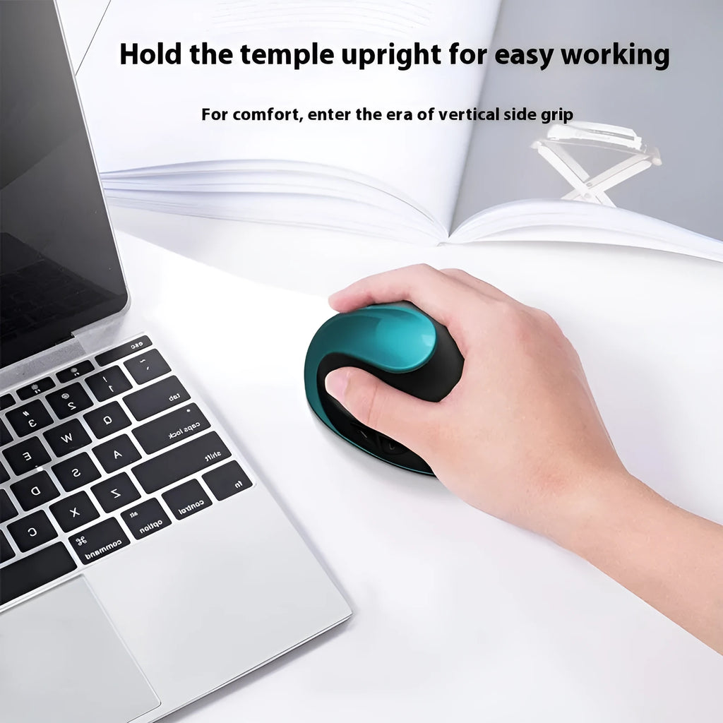 Three Generations wireless vertical ergonomic mouse in black, shown on a desk next to a laptop.