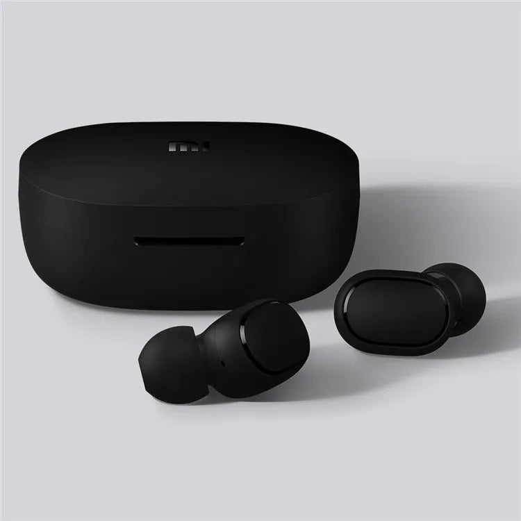 Redmi AirDots 2 Black true wireless Bluetooth earbuds and charging case on a white background.