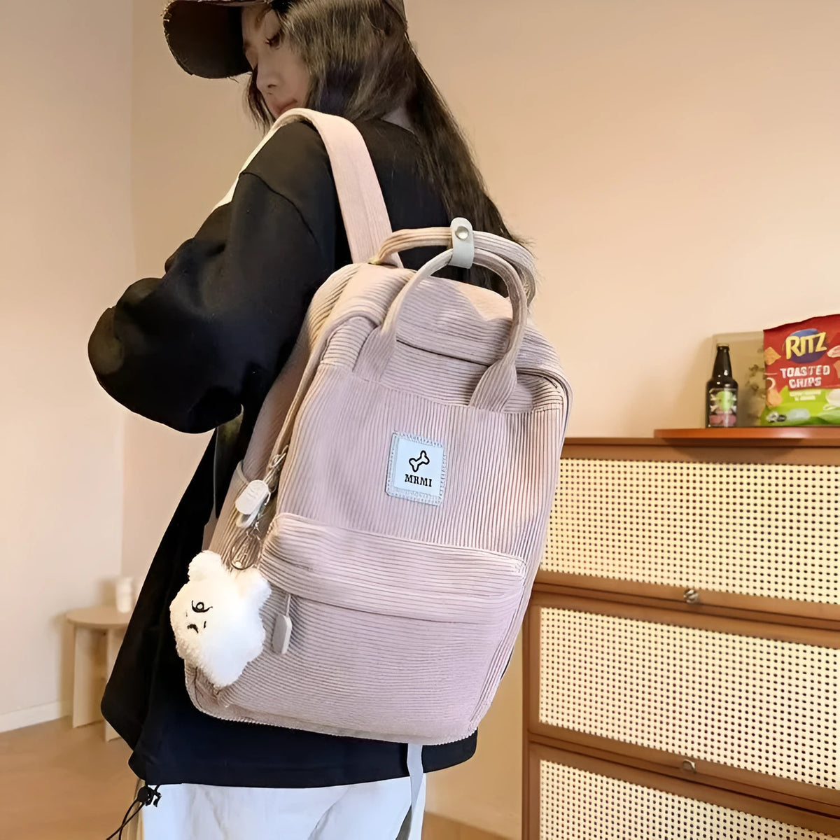 Retro hand-carrying backpack for junior high school with document bag, computer pocket, and sewing-line detail