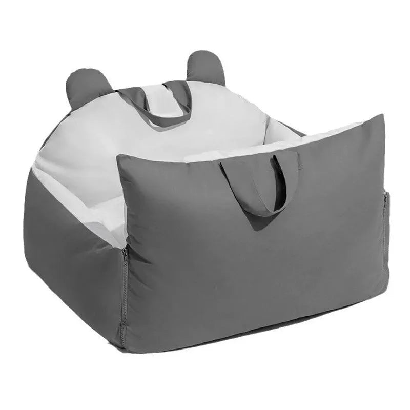 Removable washable dog car kennel in grey beige colour showing size and fabric detail.