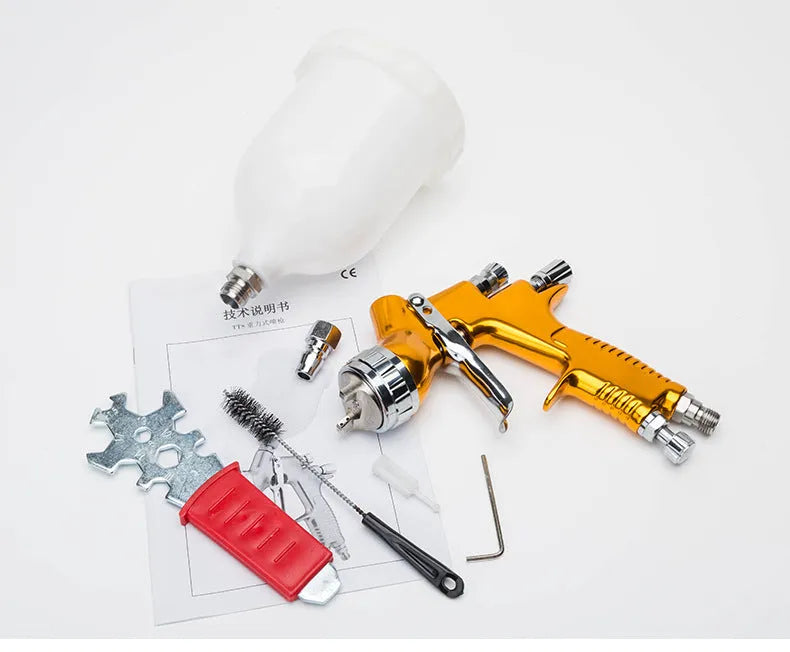 HVLP gravity feed paint spray gun with 1.3mm nozzle, aluminium alloy body and 600cc plastic pot in gold