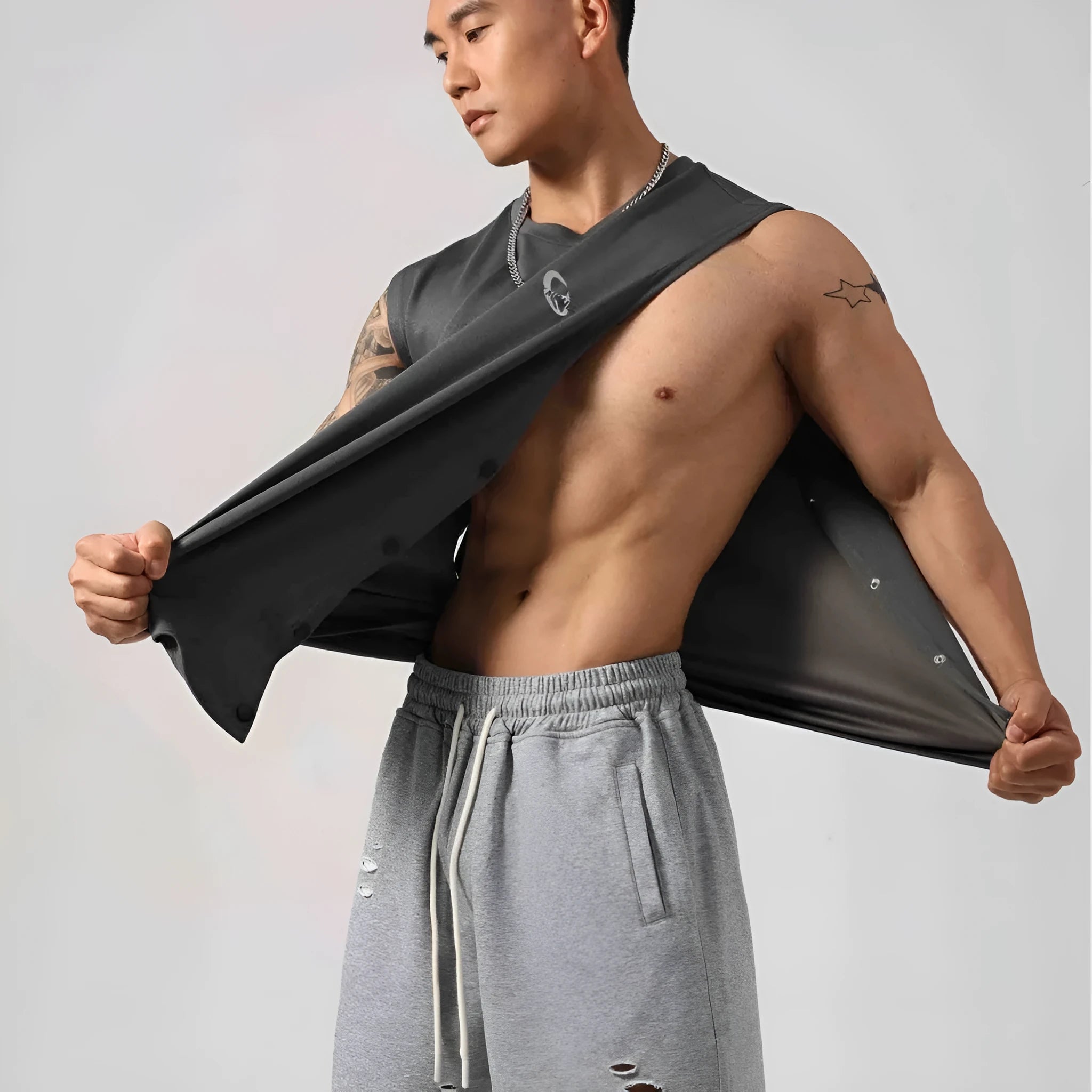 Men's black Korean style loose fitness vest with hidden hook openings on the sides