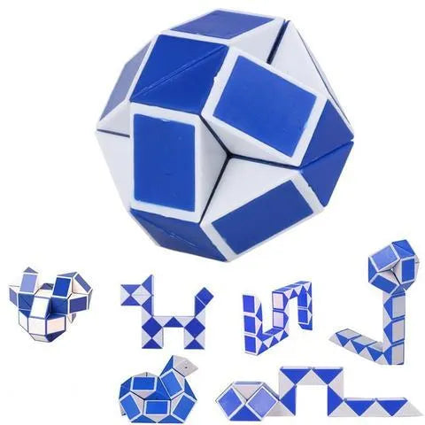 Magic Puzzle Snake twistable plastic fidget toy in small 5x5x5cm and large 7x7x7cm sizes with colourful segments.