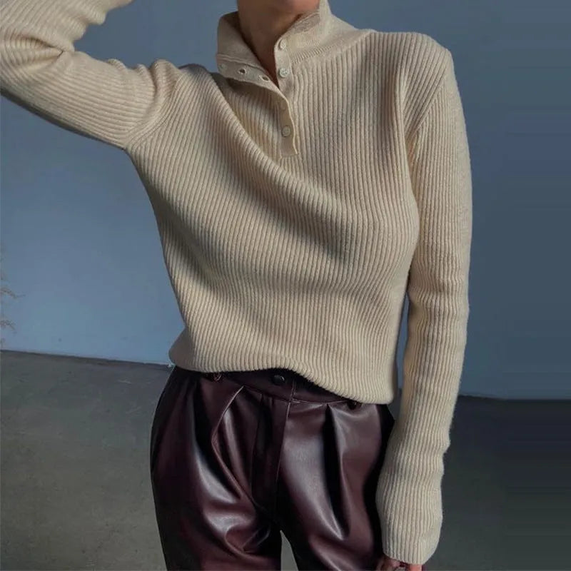 Retro silver gray half turtleneck pullover sweater with single-breasted placket and slim fit design