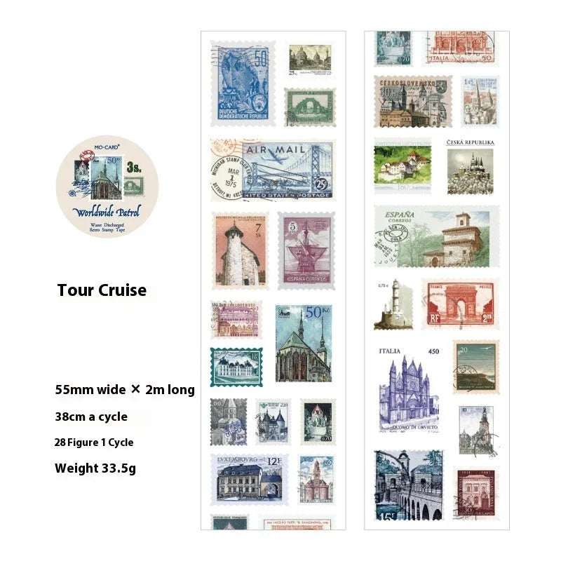 Roll of 55mm wide retro decorative paper stickers with nature themes, showing 2 metre length.