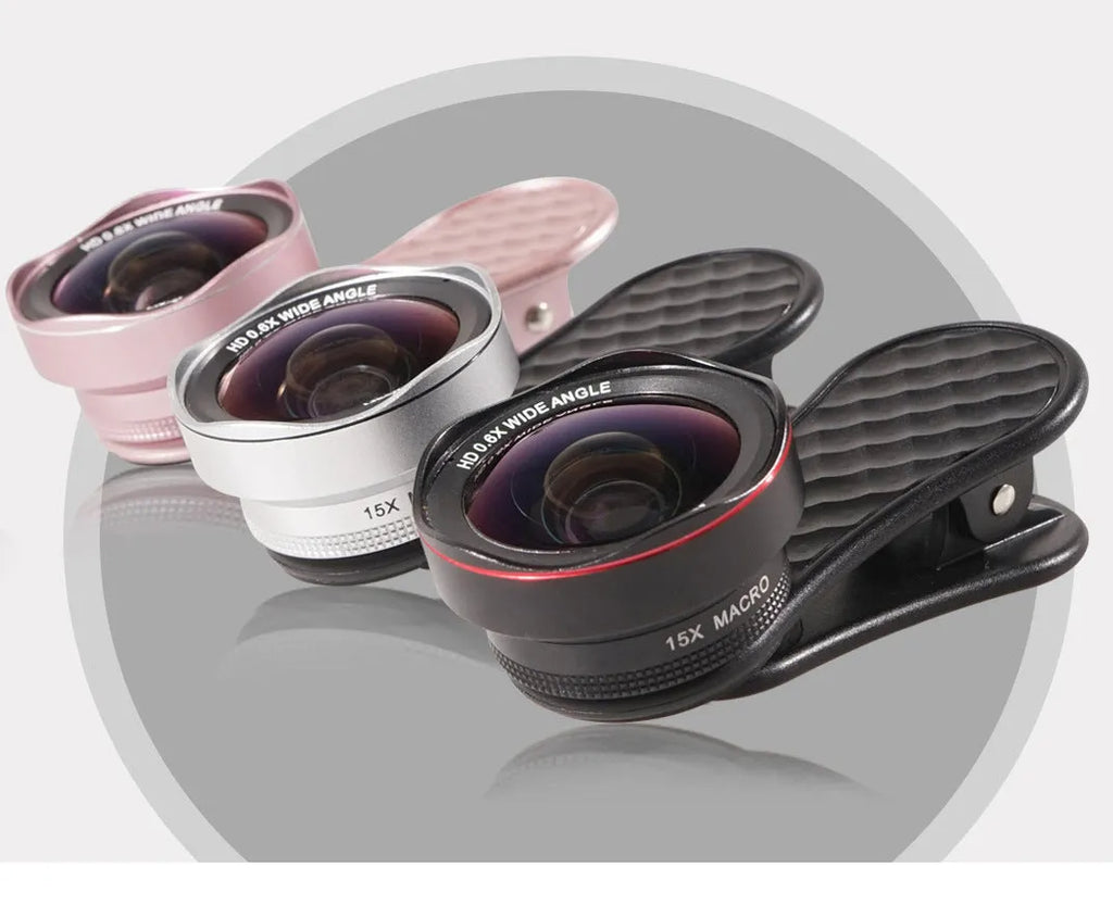 Mobile phone lens kit with wide-angle and macro lenses, phone clip, and storage box in black silver rose gold colours
