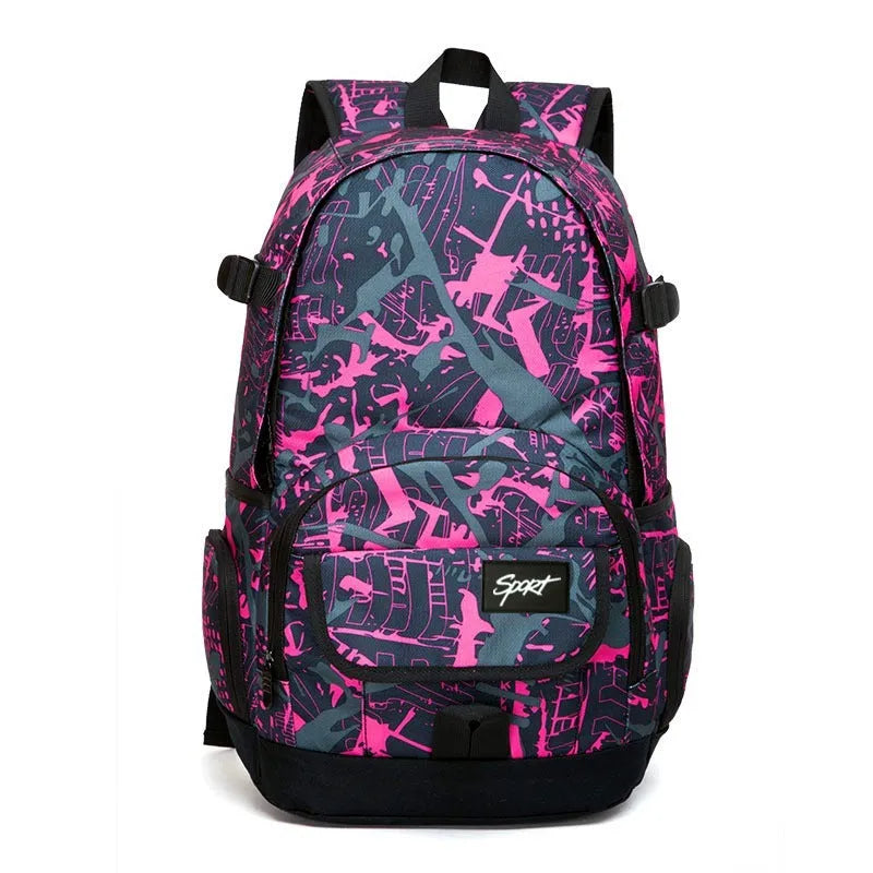 Classic blue and red nylon backpack with large capacity and padded straps.