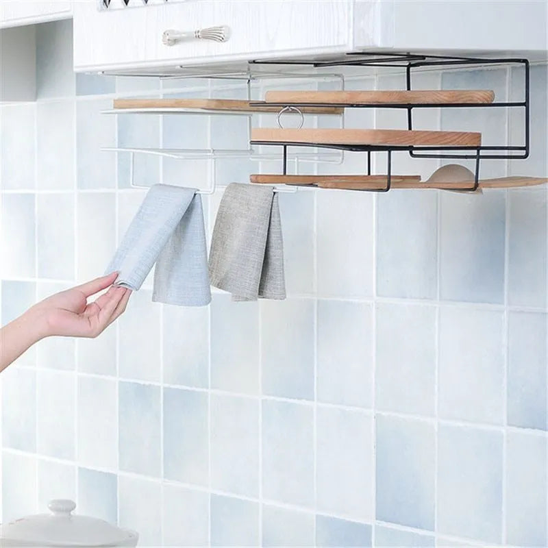 Kitchen double layer iron towel rack hanging holder with chopping board storage in white colour wall mounted