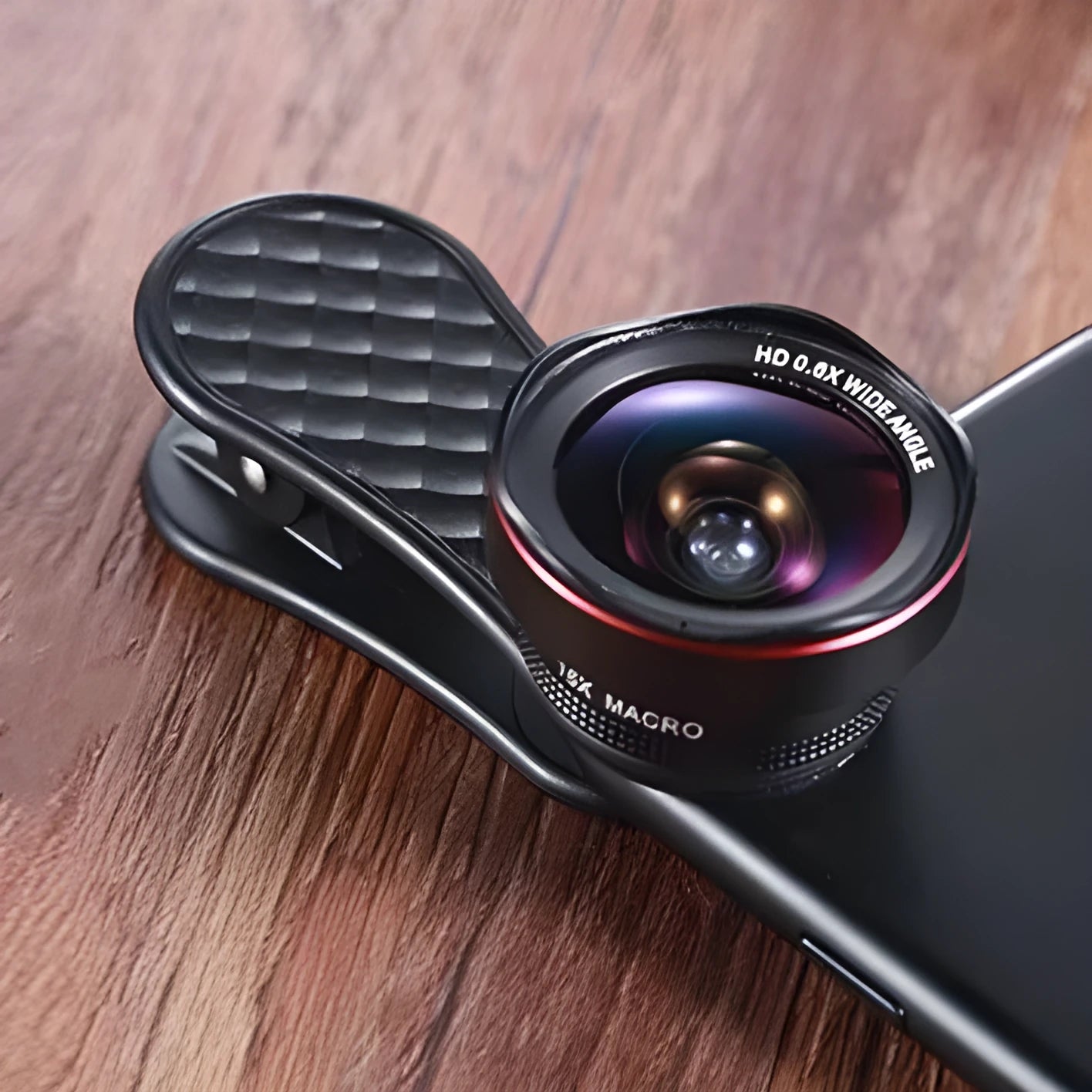 Mobile phone lens kit with wide-angle and macro lenses, phone clip, and storage box in black silver rose gold colours