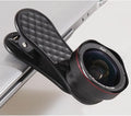 Mobile phone lens kit with wide-angle and macro lenses, phone clip, and storage box in black silver rose gold colours