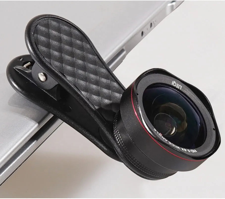 Mobile phone lens kit with wide-angle and macro lenses, phone clip, and storage box in black silver rose gold colours