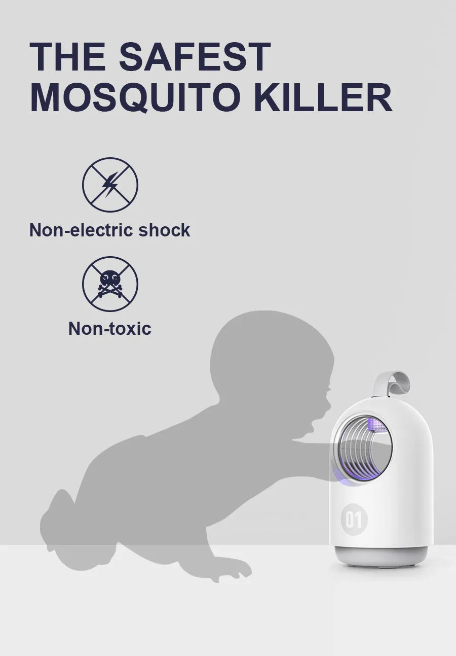 White and blue household mosquito killer lamp with UV light, silicone handle, and USB cable.
