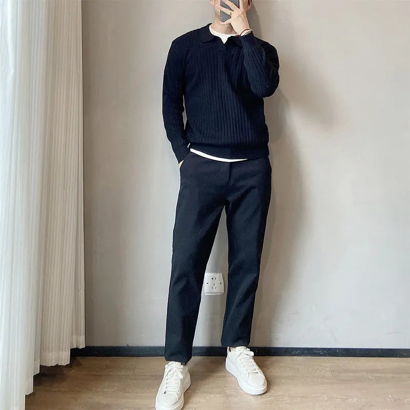 Men's loose grey modal knit sweater with rabbit fur trim detail on the chest, long sleeves.