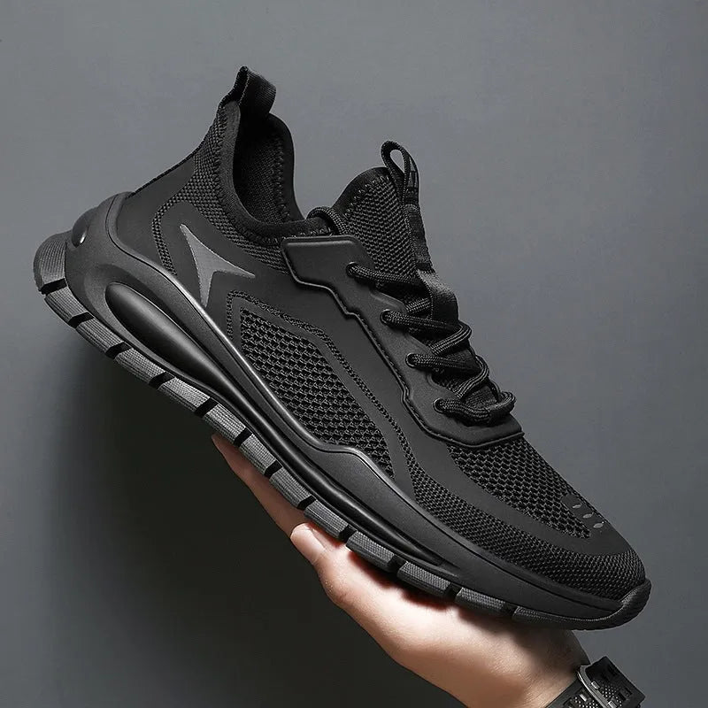 Men's breathable mesh sports shoes, low top, flat heel, PVC sole, black or gray, sizes 39-44.