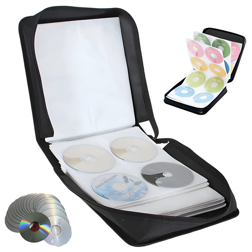 Black Oxford fabric CD DVD storage binder with top carry handle and zipper closure.