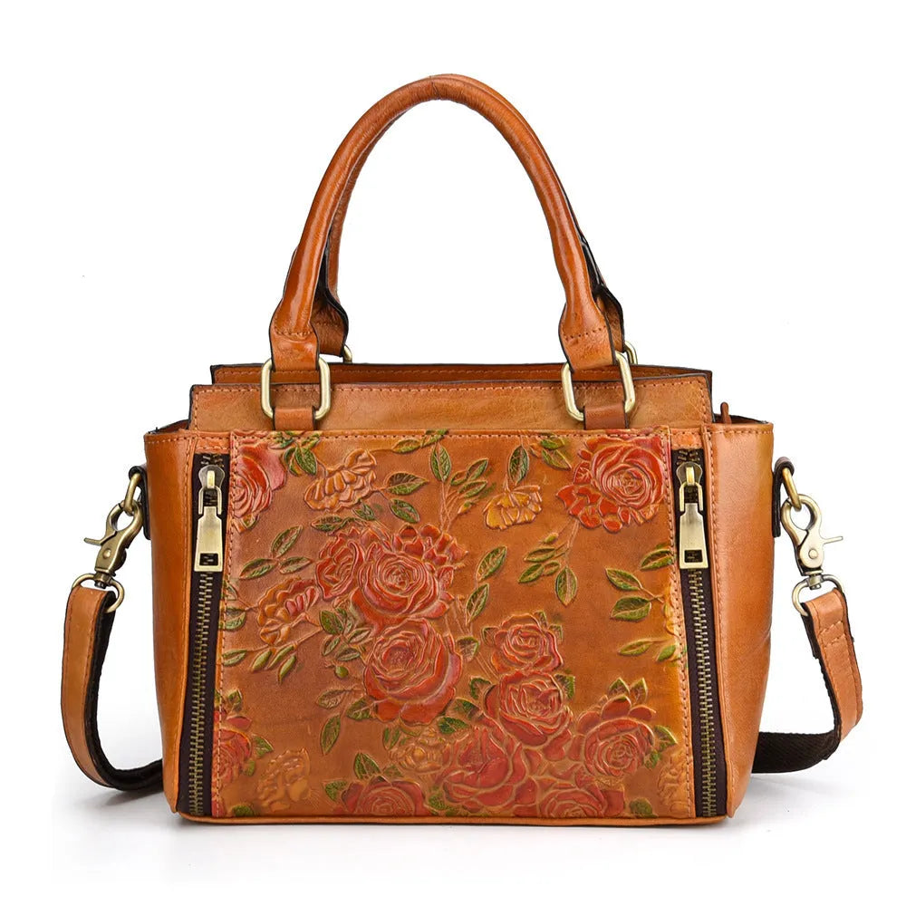 Genuine leather cross body bag in retro yellow brush colour with top handle and shoulder strap