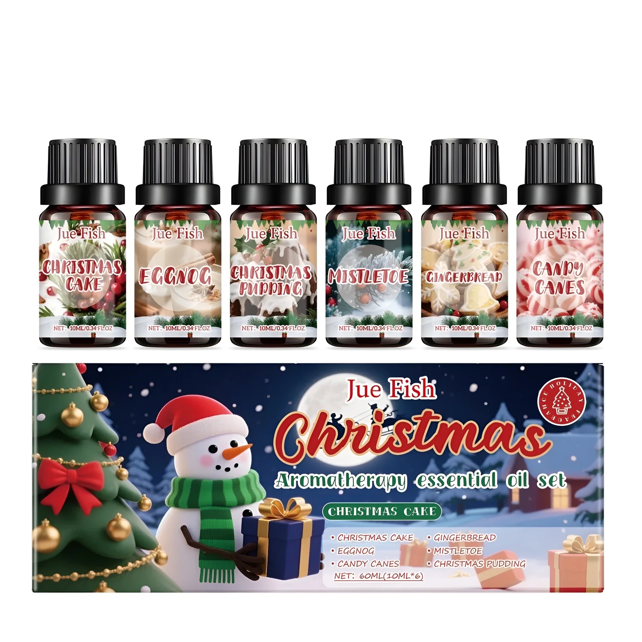 Christmas essential oil set with six 10ml bottles featuring festive scents like gingerbread and Christmas pudding.