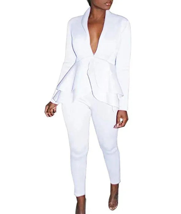 Business uniform two-piece set showing ruffled top with matching pencil pants in polyester fabric
