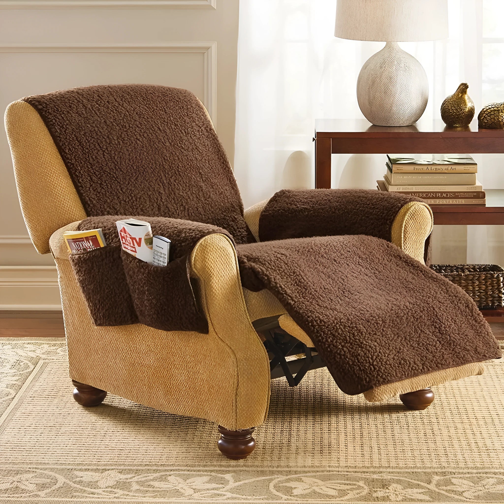 Lamb wool texture sofa cushion slipcover in beige, shown on a living room sofa
