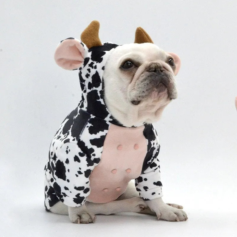 Cow shape dog clothes in black and white velvet, shown for sizes S, M, and L pet outfit