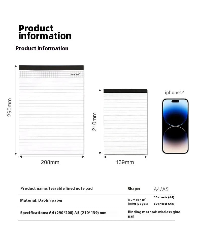 A4 tearable notebook with grid paper and wireless adhesive binding for meeting minutes