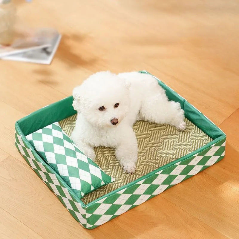 Blue woven rattan cooling mat cat bed on a fabric base, showing textured surface and low-profile design.