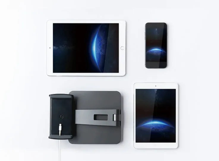 Folding aluminium phone and tablet holder with 360° rotation in black or silver