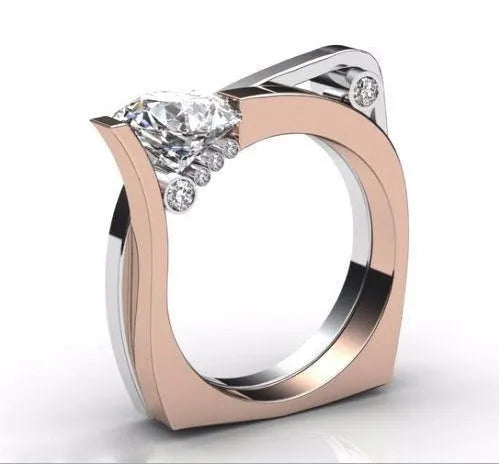 Rose gold electroplated couple rings with geometric shapes and zircon stone inlays
