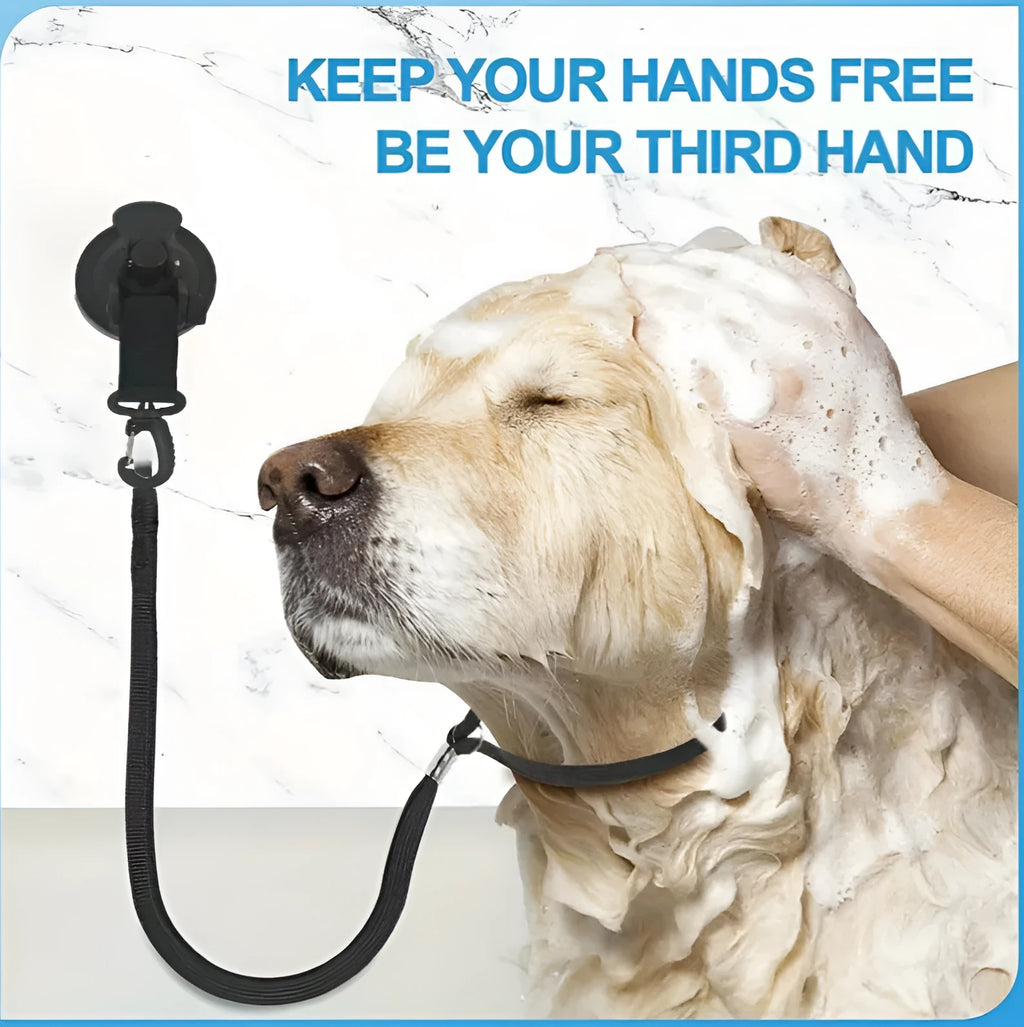 Pet bathing restraint system with suction cups and handcuff-style ties in black and blue colour options
