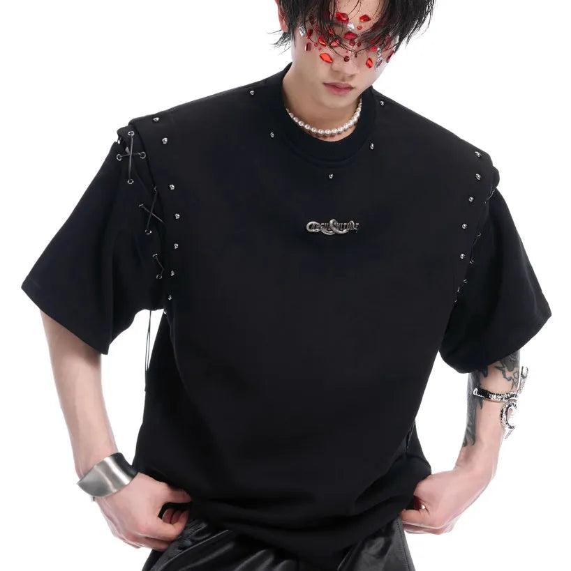 Black deconstruction lace-up cutout short sleeve summer t-shirt on mannequin showing side detail