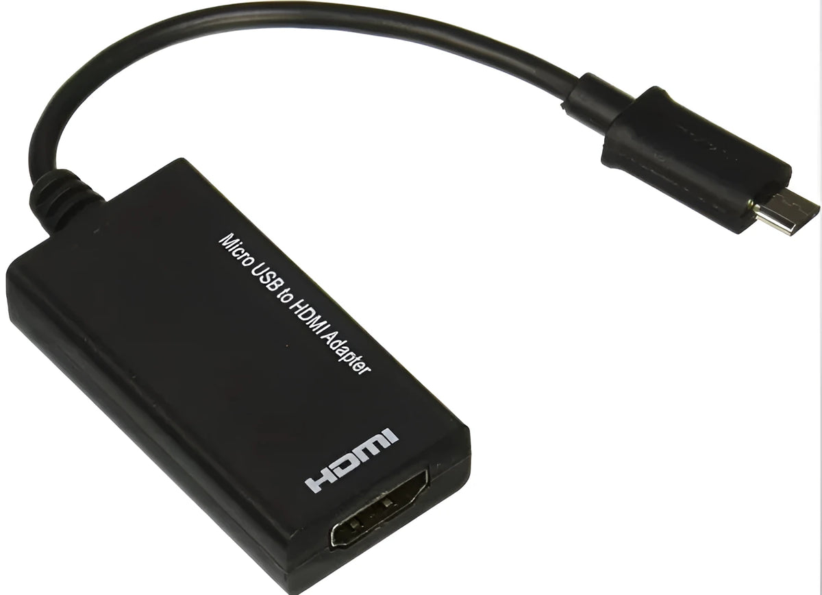 Black DisplayPort and Micro USB to HDMI adapter cable with 12cm length.