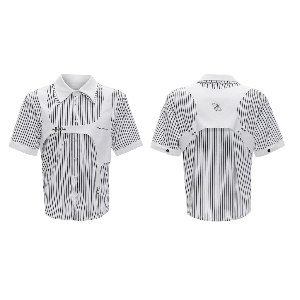 Men's black and white striped cotton shirt with double collar design, short sleeves