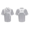 Men's black and white striped cotton shirt with double collar design, short sleeves