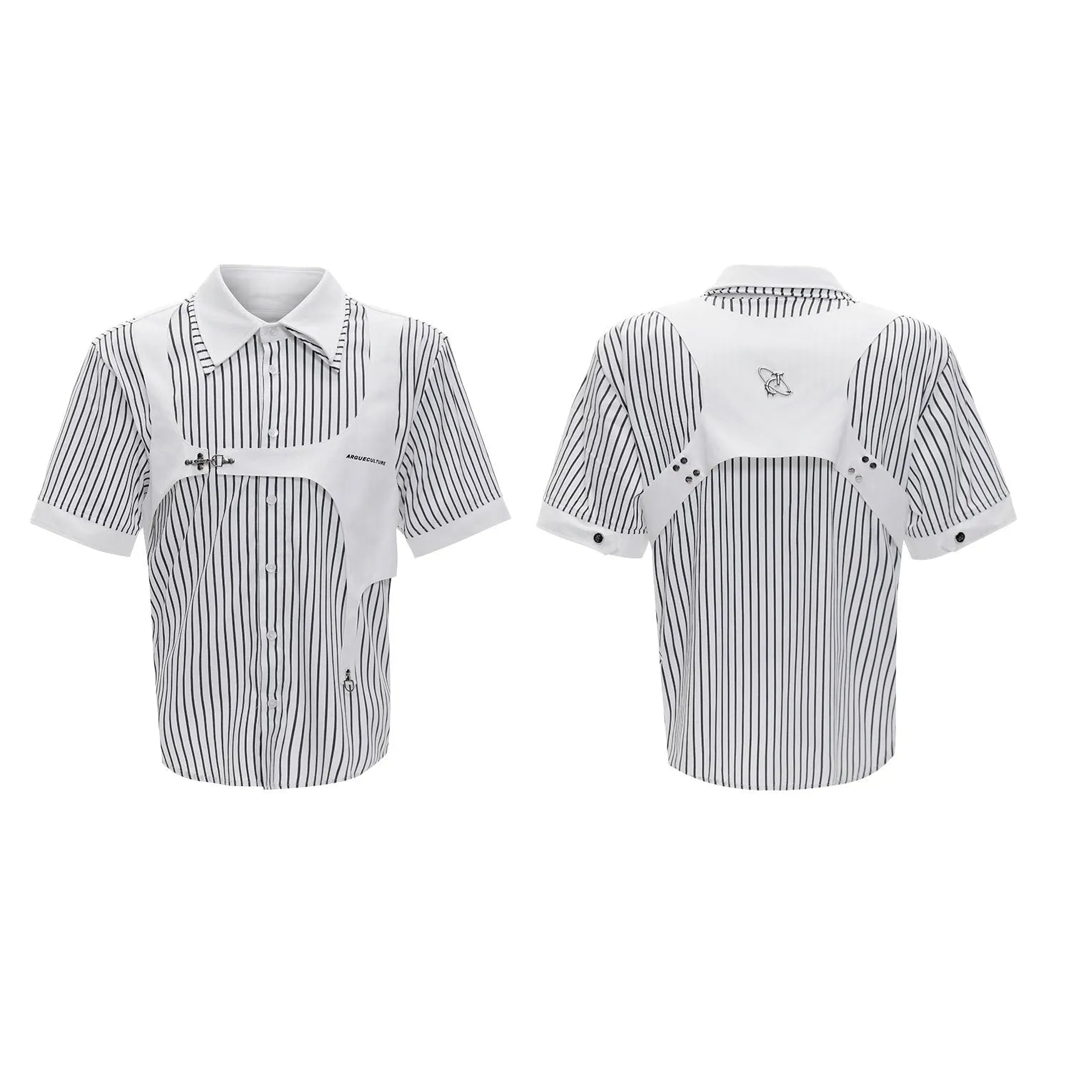 Men's black and white striped cotton shirt with double collar design, short sleeves