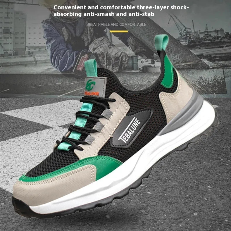 Black green plastic steel toe safety overshoes with large mesh panels and low-top design