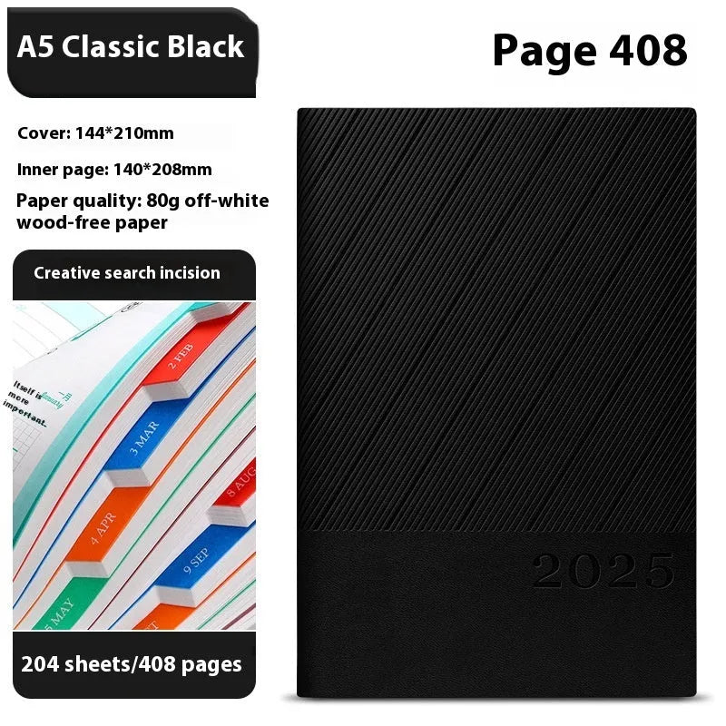 A4 notepad with striped PU leather cover open to show 80g wood-free paper pages