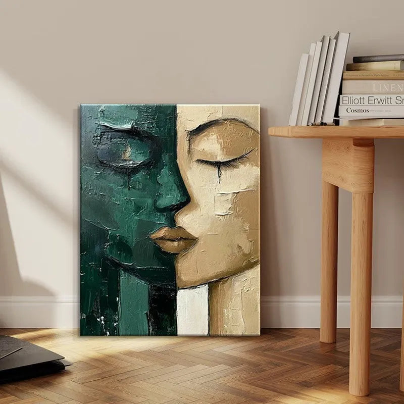 Hand-painted oil painting on canvas, green and beige face, modern vertical one-panel wall art without frame