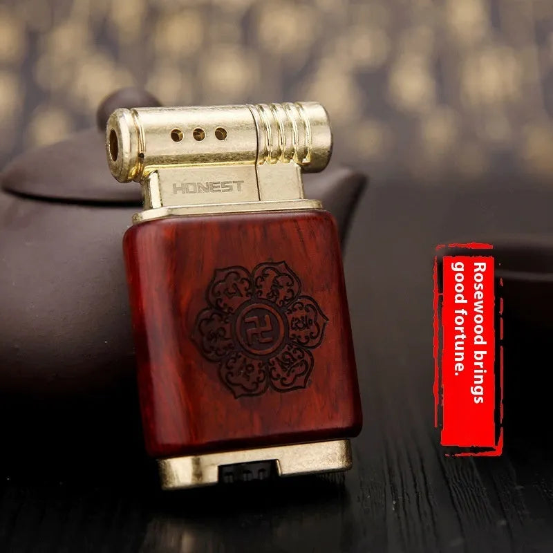 Ebony gas lighter with metal construction and decorative black wood finish
