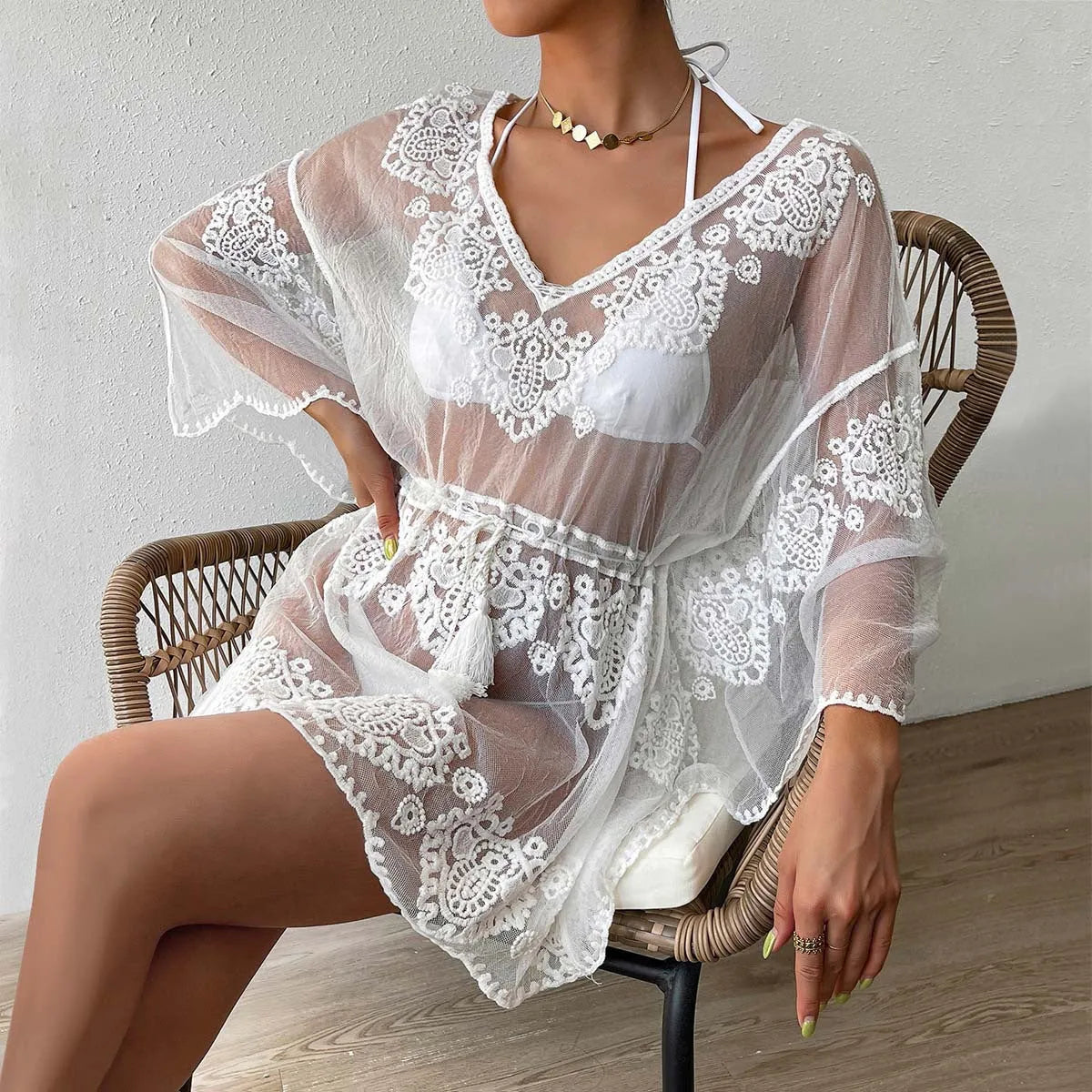 White water soluble beach blouse with polyester construction and free size fit for women's swimwear