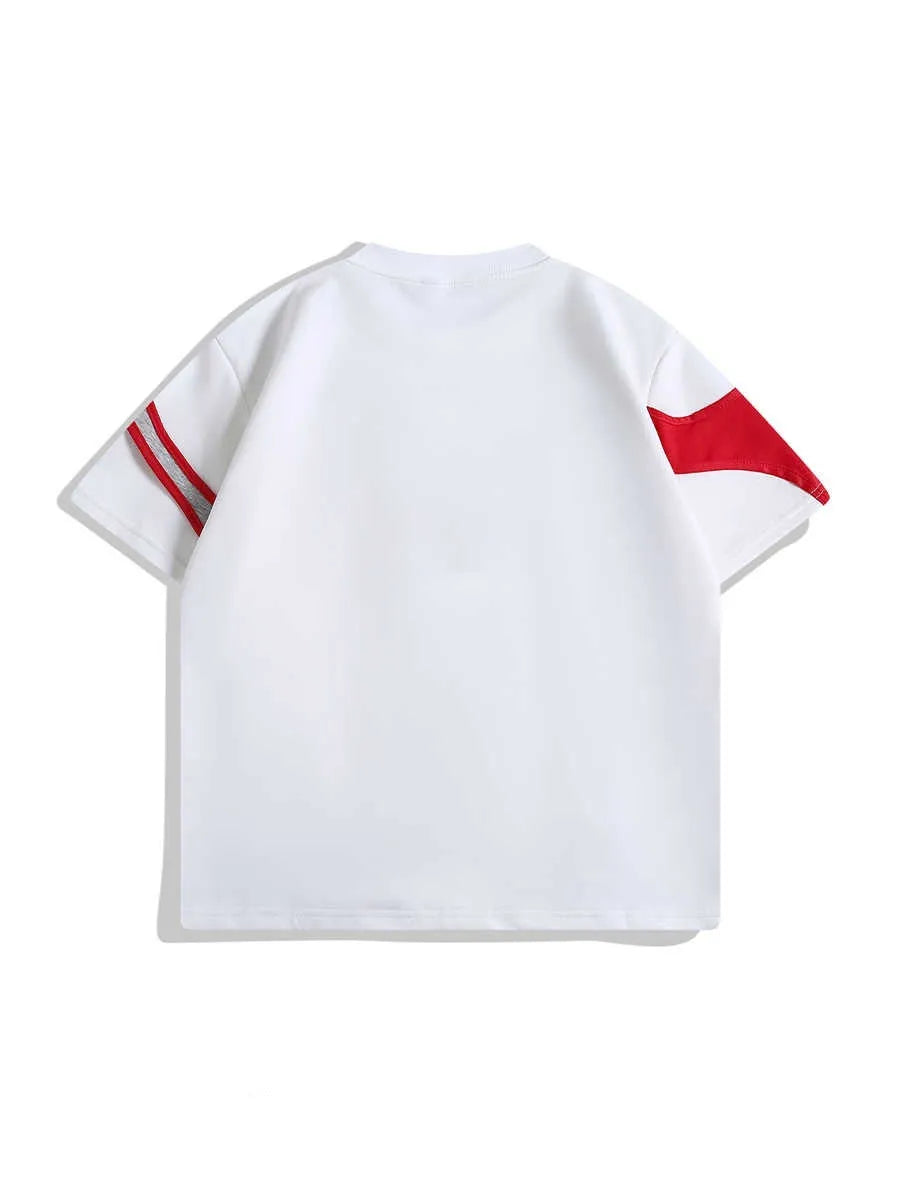 Men's black padded shoulder short sleeve T-shirt with double stitching and loose fit