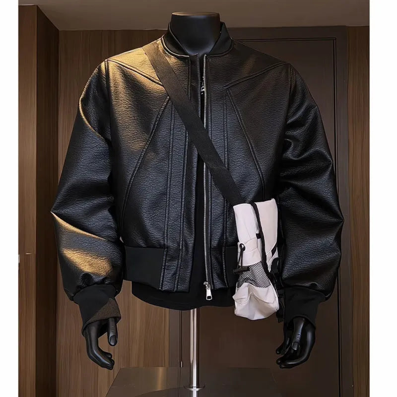 Men's black PU leather jacket with extended length and distinctive texture
