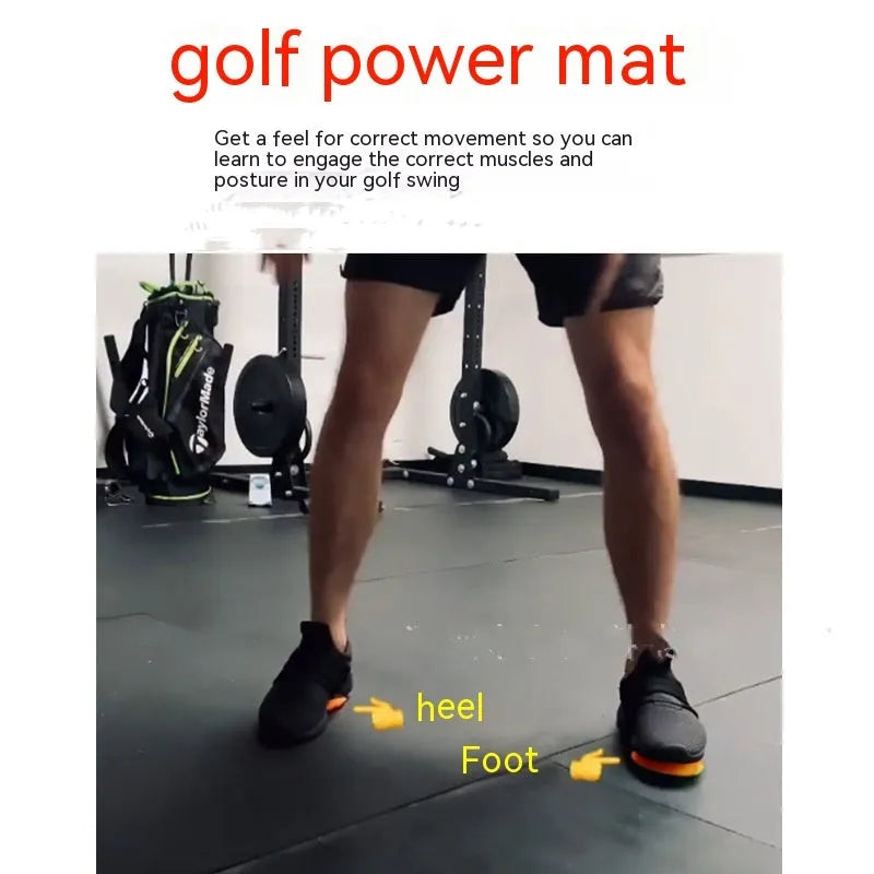 Orange golf training mat with centre of gravity design on natural rubber surface