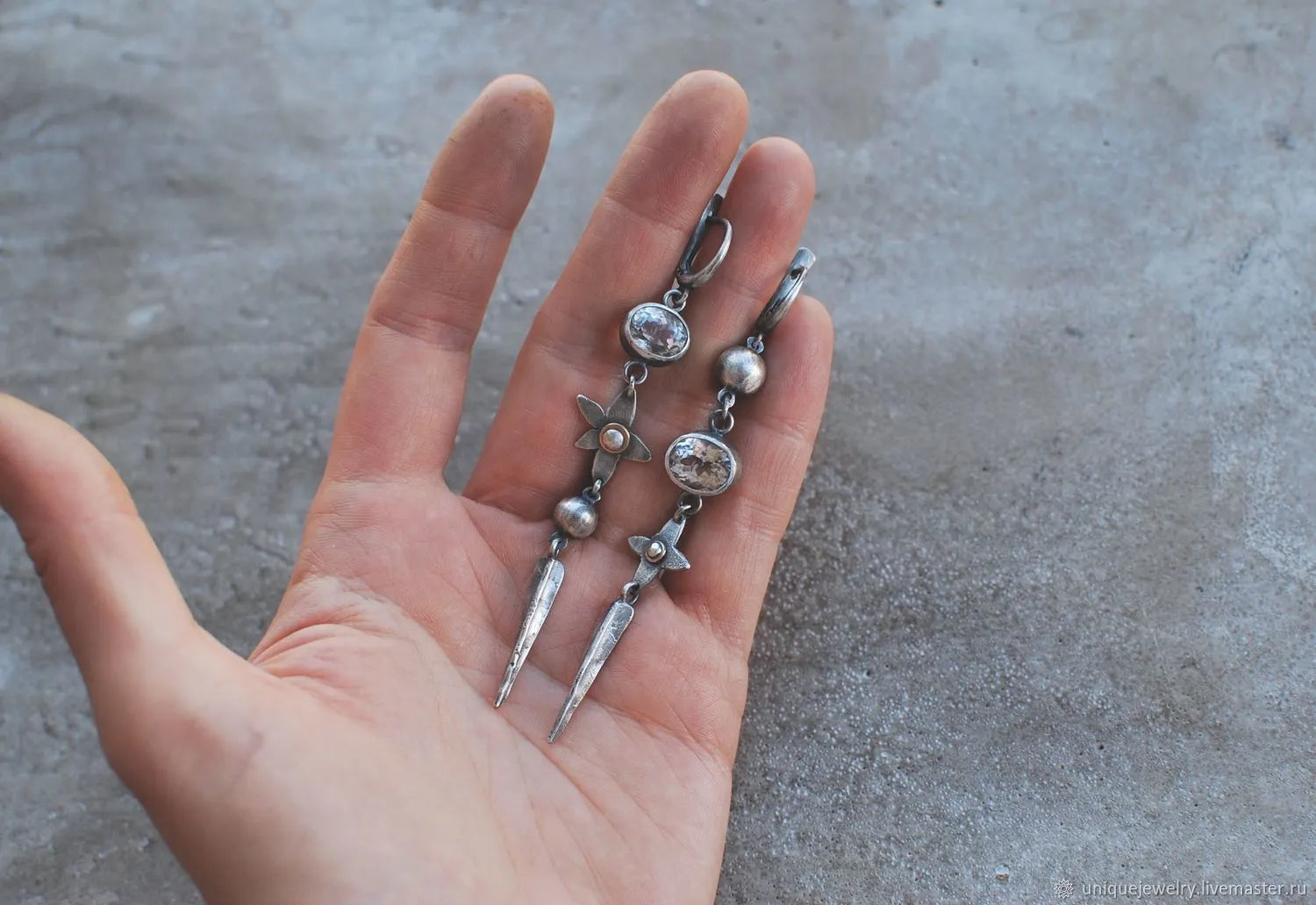 Geometric antique silver plated earrings with long XINGX pendant and rhinestone details